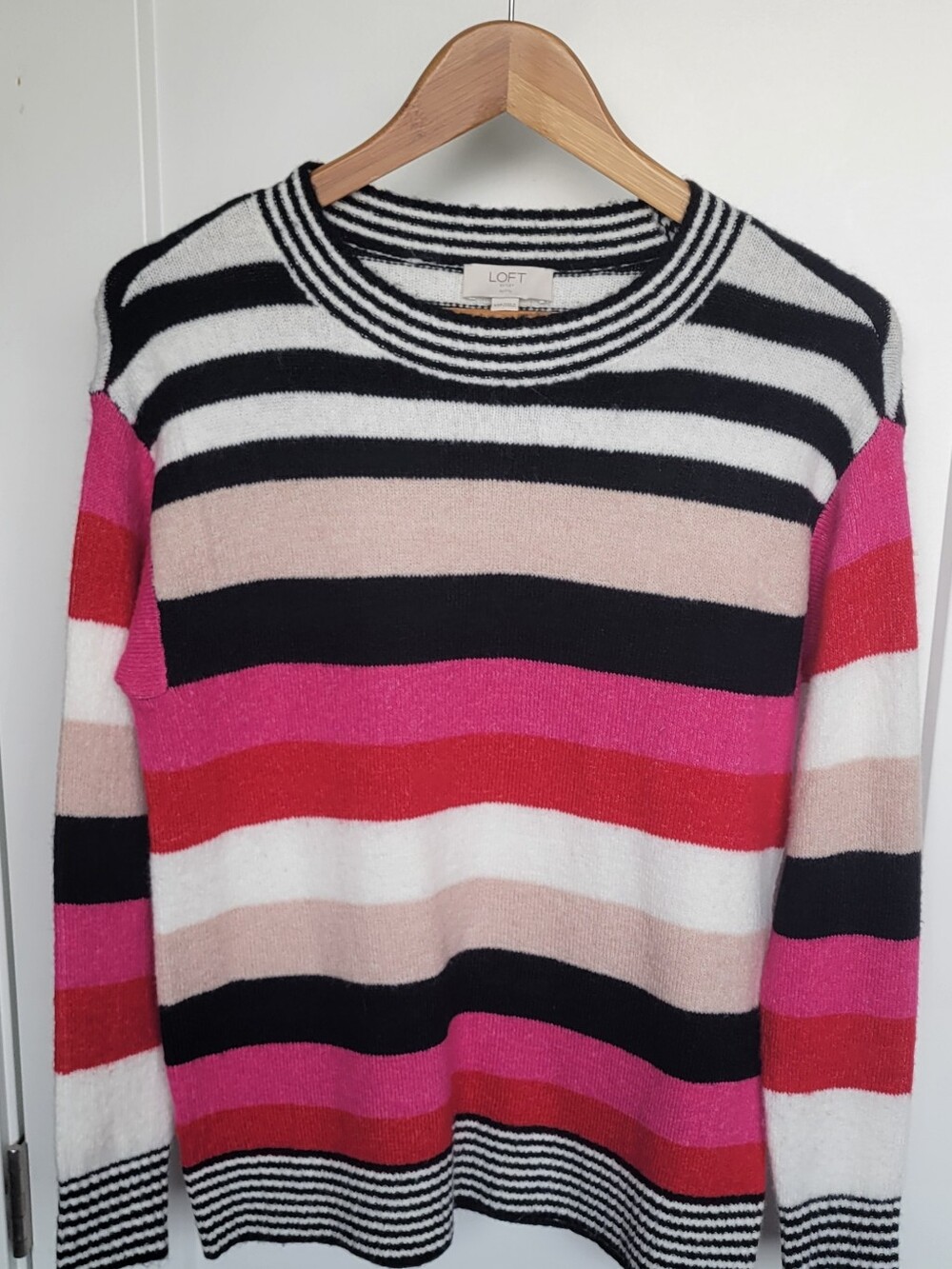 LOFT Striped Crewneck Sweater in Black, Pink, Red, Cream, White. Size XSP